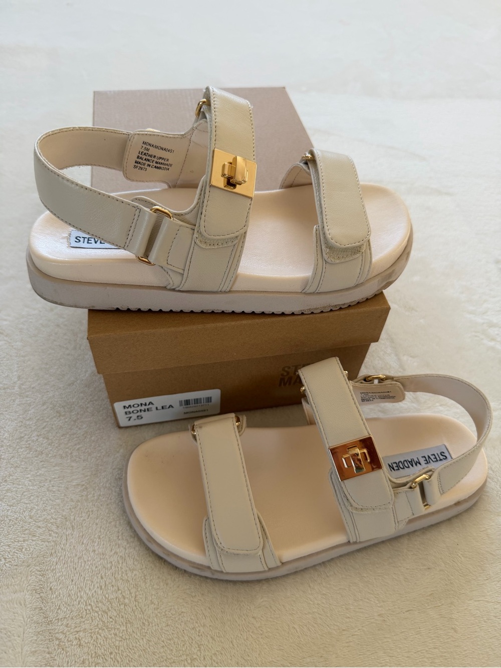 Steve Madden Bone Leather Strappy Sandals with Gold Hardware - Picture 2 of 8